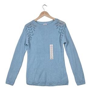 St John's Bay Sweater S Aqua Blue Silver Metallic Knit Feminine Spring Soft Glam